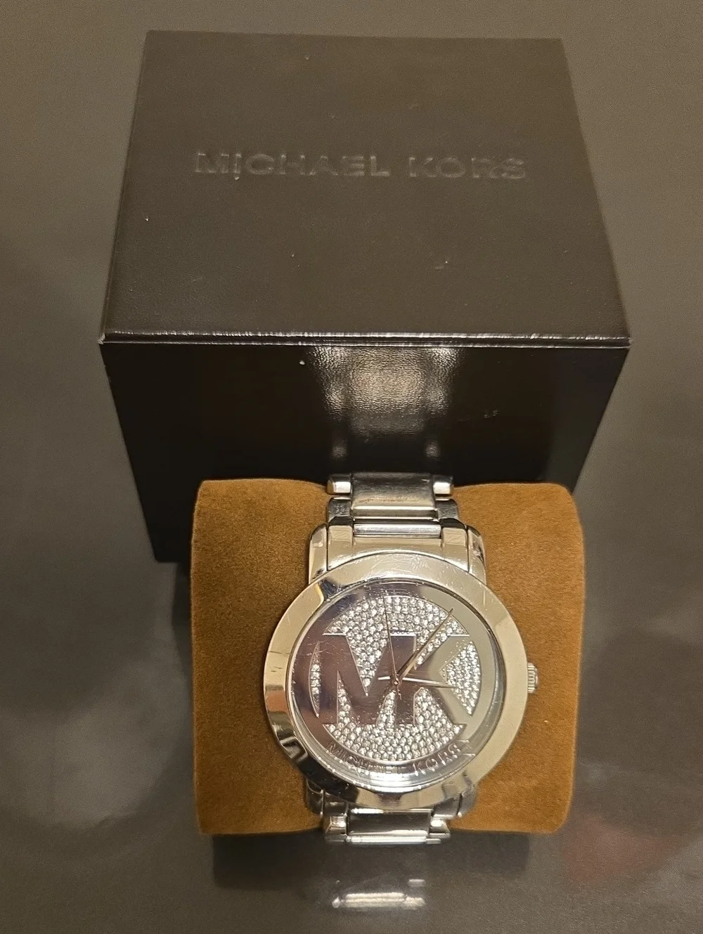 Michael Kors Silver Crystal MK Logo Bracelet Watch